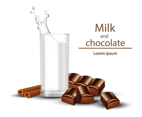 Verre de lait et chocolat Vecteur réaliste. Splash boisson milieux blancs — Image vectorielle