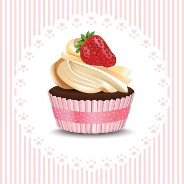 Cupcake retro dantel arka plan üzerinde. Vektör gerçekçi tatlı. Yaz lezzetli davranır