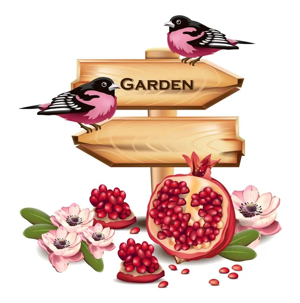 Ροζ πουλιά στην ξύλινη πινακίδα. Θέση για το κείμενο. Φρούτα διακόσμηση διάνυσμα. Ρεαλιστική λεπτομερείς απεικονίσεις — Διανυσματικό Αρχείο