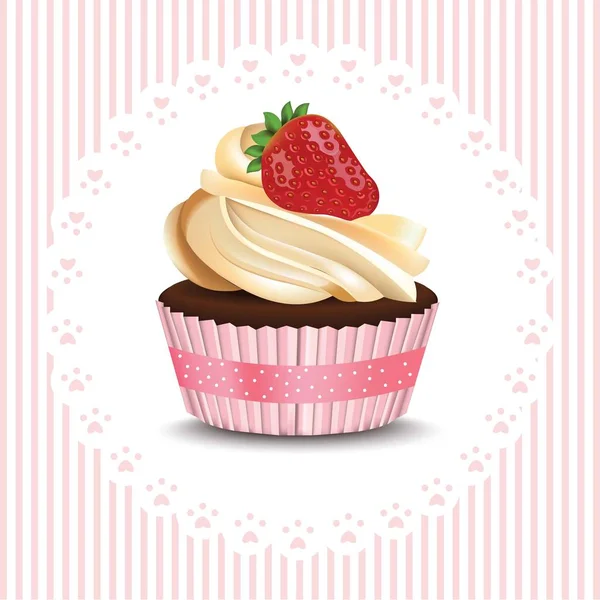 Cupcake sobre fondo de encaje retro. Postre realista vectorial. Verano deliciosas golosinas — Vector de stock