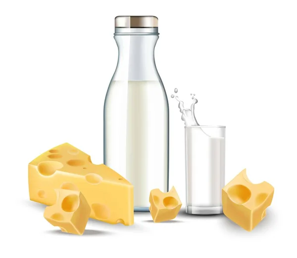 Queso y leche Vector realista. Diario detallado harina bio orgánica — Vector de stock