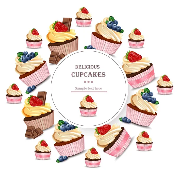 Delicious cupcakes dessert card layout Vector illustrations — Stock Vector