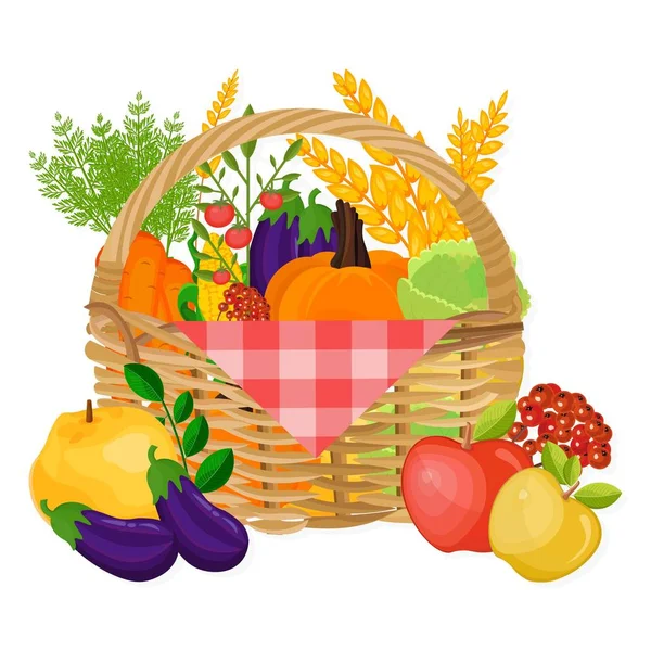 Frukt och grönsaker i en korg höstens skörd. Säsongsöppen mallar vektor — Stock vektor