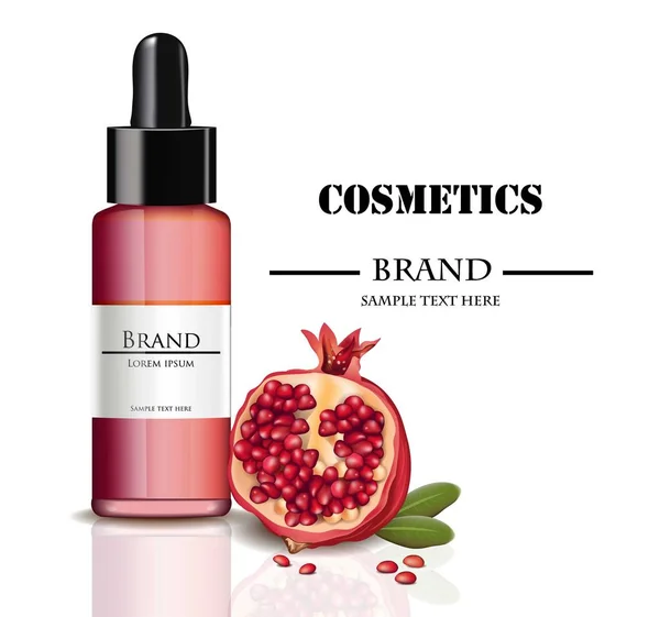 Oil Cosmetics realistik mock up Vector. Serum Hidrasi dengan ekstrak granat. Sempurna untuk iklan, selebaran, spanduk, poster. Ilustrasi 3d - Stok Vektor