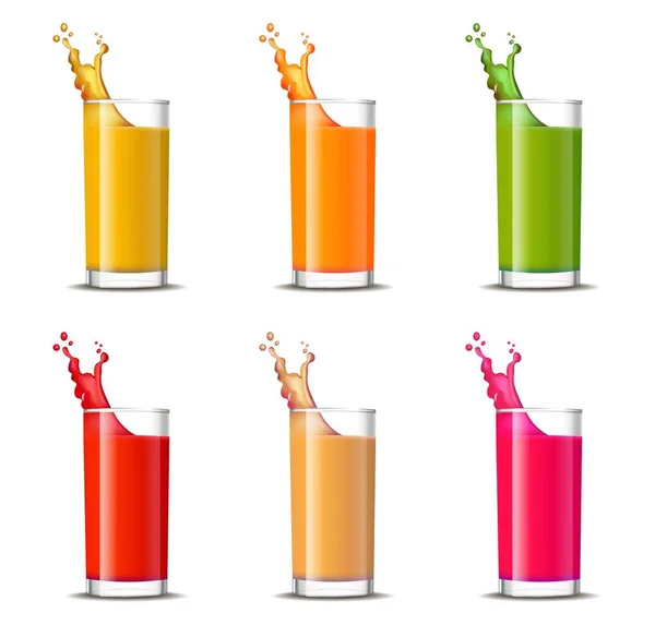 Vasos de jugo con salpicadura Vector ilustración realista maqueta — Vector de stock