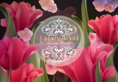 Lüks kartı vektör çiçekli. Güzel illüstrasyon marka kitap, kartvizit veya poster. Büyüyen çiçekler arka plan. Metinler için yer