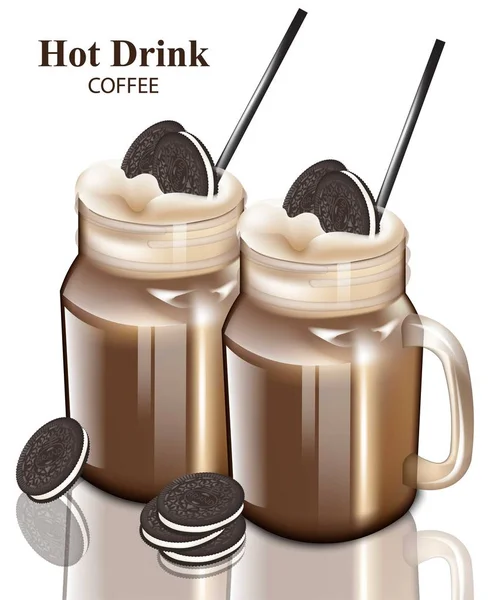 Café quente ou bebida de chocolate com biscoitos Vector. óculos de design cocktail realista —  Vetores de Stock