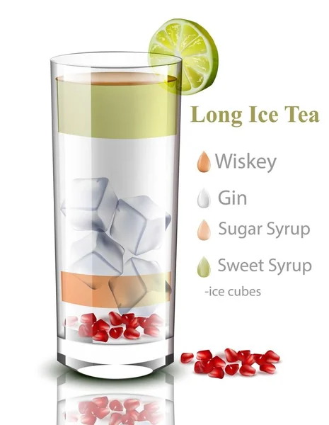 Long Ice Tea Vector. Copo realista de mistura de coquetel Vector. receitas de bebidas para menu, páginas, layouts — Vetor de Stock