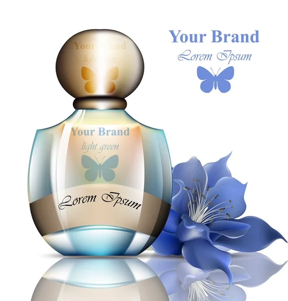 香水ボトルの現実的なベクトル。製品の包装、ブランド、バタフライ マークを広告、コマーシャル — ストックベクタ