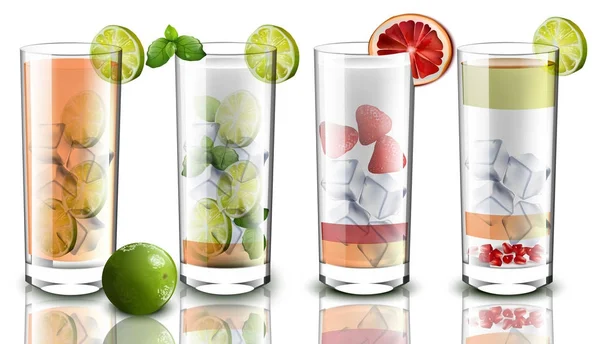 Cocktails definir Vector realista. Bebe mistura de frutas. Receitas de bebidas para menu, páginas, layouts — Vetor de Stock