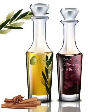 Zeytinyağı ve balsamik sirke vektör. Gerçekçi ayrıntılı çizimler