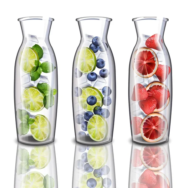 Idratante disintossicazione bevande acqua raccolta set. Fragola, lime, aromi di mirtillo. Realistico mix di bevande fresche in un barattolo di vetro — Vettoriale Stock