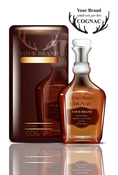 Diseño de envases Cognac Vector. Producto realista con etiqueta de marca. Lugar para los textos — Vector de stock