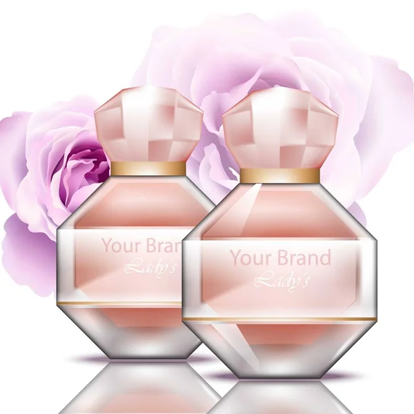 Flacon de parfum d'eau de rose réaliste vecteur. Emballage de produits pour marques, publicité, publicités — Image vectorielle