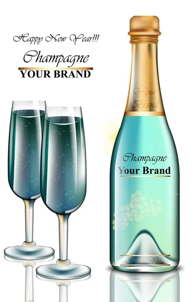 Neujahr blaue Champagnerflasche und Glaskarte. Vektor realistische Darstellung — Stockvektor