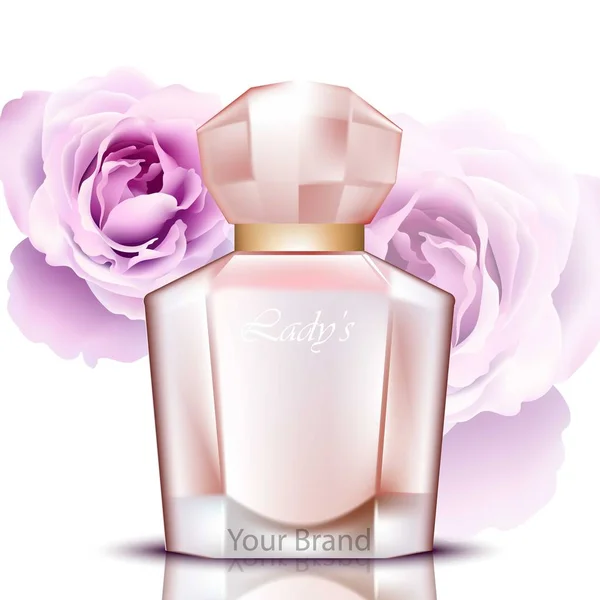 Flacon de parfum d'eau de rose réaliste vecteur. Conception d'emballages de produits — Image vectorielle