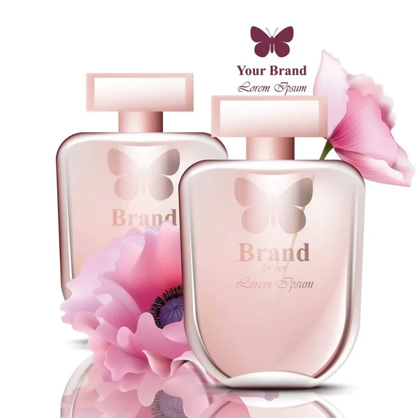 Frasco de perfume de mulheres com fragrância de flores. Realistic Vector Design de embalagens de produtos —  Vetores de Stock