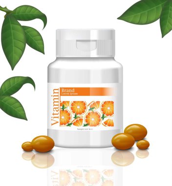Haplarla vitamin C şişe plastik konteyner. Vektör gerçekçi detaylı çizimler
