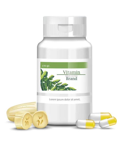 Vitaminen fles kunststof container met pillen. Vector realistische gedetailleerde illustraties — Stockvector