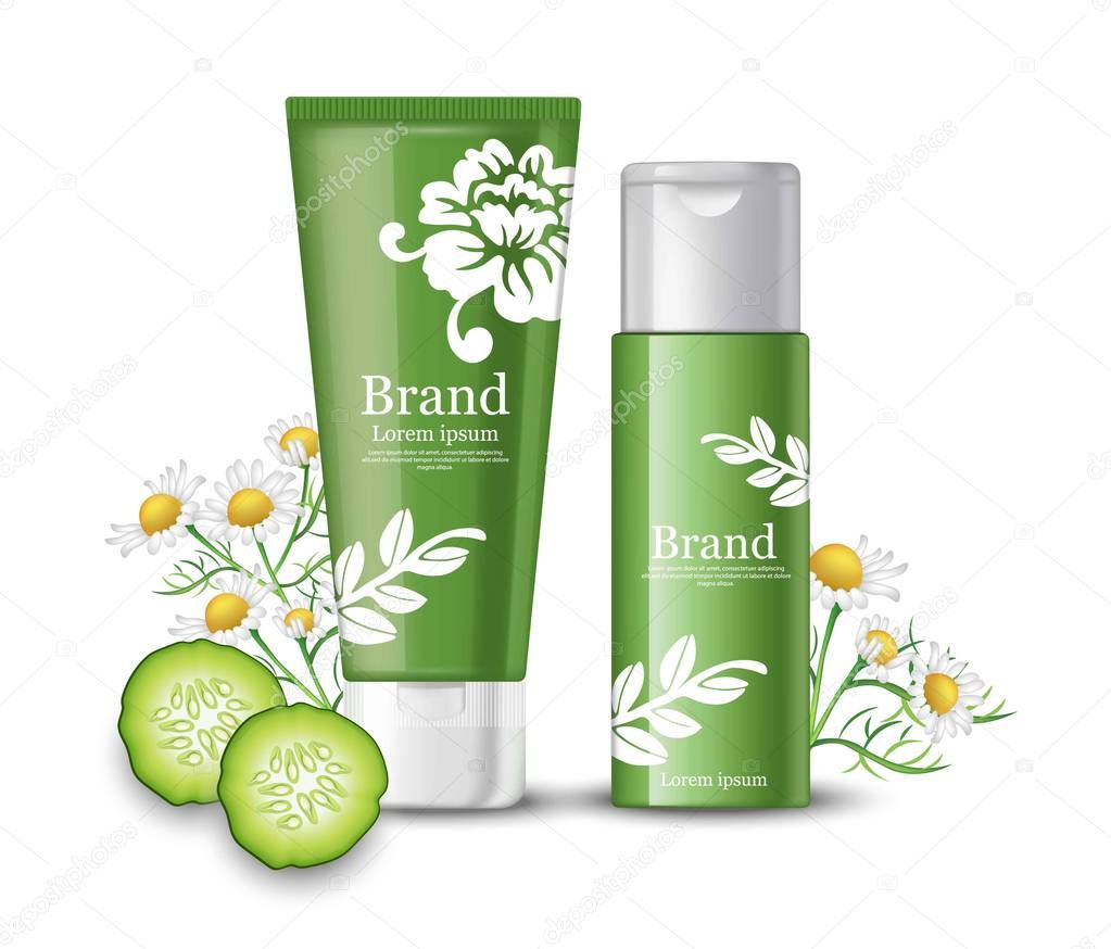Cucumber and chamomile cosmetics mock up packaging. Brand label design Vector realistic illustrations