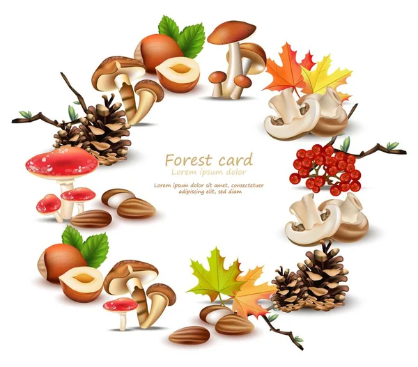 Forest krans med svamp, nötter, löv, tallkotte vektor. Hösten bakgrunder — Stock vektor