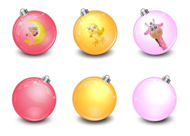 Komik Karikatür hayvan yüzleri dekor ile gerçekçi vektör Noel topları