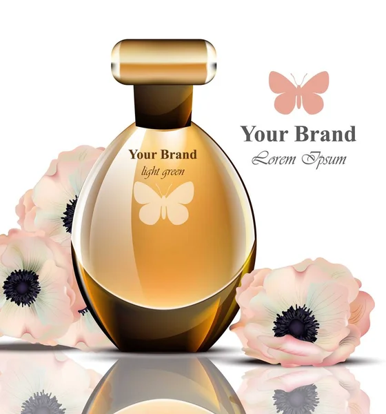 Kadınlar şişe narin çiçek koku parfüm. Gerçekçi vektör ürün ambalaj tasarımları — Stok Vektör