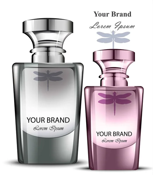 Conjunto de botellas de perfume para hombres y mujeres. Vector realista Diseños de embalaje de productos — Vector de stock