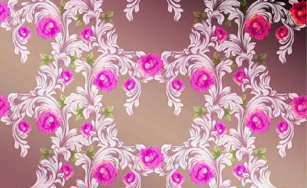 Patrón de damasco con flores de rosas Ilustración vectorial decoración de adornos hechos a mano. Texturas de fondo barroco — Archivo Imágenes Vectoriales