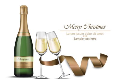 Merry Christmas champagne bottle and glasses Vector realistic clipart