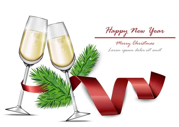 Frohes neues Jahr Karte mit zwei Gläsern Champagner Vektor realistisch — Stockvektor