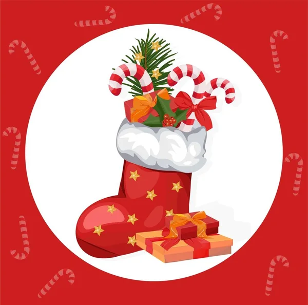 Calcetines navideños Vector. Feliz día de fiesta icono rojo calcetín de santa y presente — Vector de stock