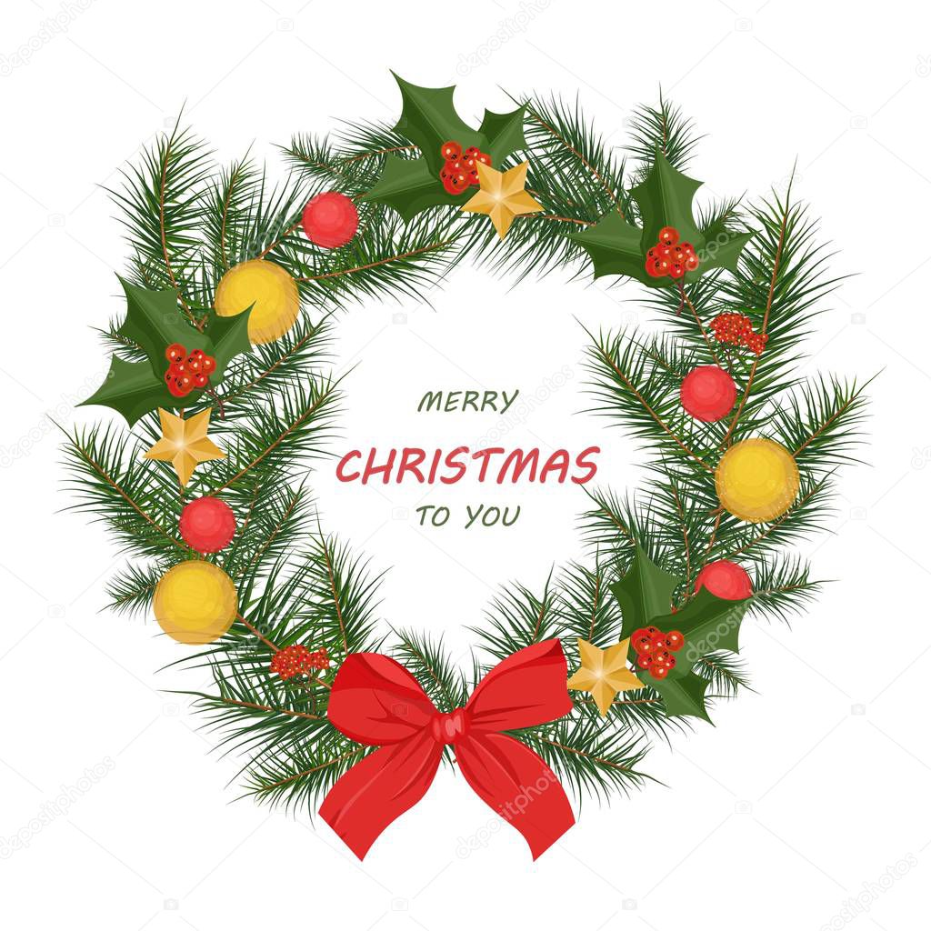 Christmas wreath card Vector illustration background. Happy holidays festive designs