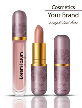Ruj kozmetik gerçekçi vektör kurmak alay. Dantel ile Matt lipgloss özgün tasarım ambalaj süsleme. Pembe renkler
