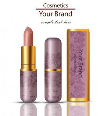Ruj kozmetik gerçekçi vektör alay. Dantel ile Matt lipgloss özgün tasarım ambalaj süsleme. Pembe renkler
