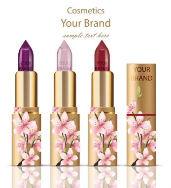 Gerçekçi ayarla ruj kozmetik vektör alay. Çiçek süsleme dekorasyon, altın ambalaj özgün tasarım. Altın renkleri