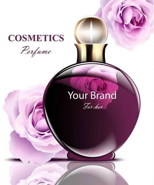 Жінки парфумують темну пляшку з ніжним ароматом троянд. Реалістичні векторні конструкції упаковки продуктів — стоковий вектор