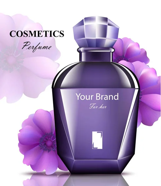 Mulheres perfume garrafa roxa com fragrância de flores delicadas. Realistic Vector Design de embalagens de produtos —  Vetores de Stock