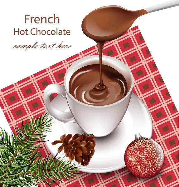 Chocolat chaud dans une tasse sur fond vintage Vector. Verser de la boisson. Décors de style français — Image vectorielle