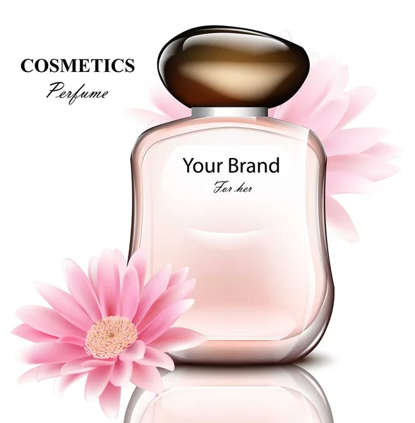 Жіноча пляшка парфумів з ніжним ромашковим квітковим ароматом. Реалістичні векторні конструкції упаковки продуктів — стоковий вектор