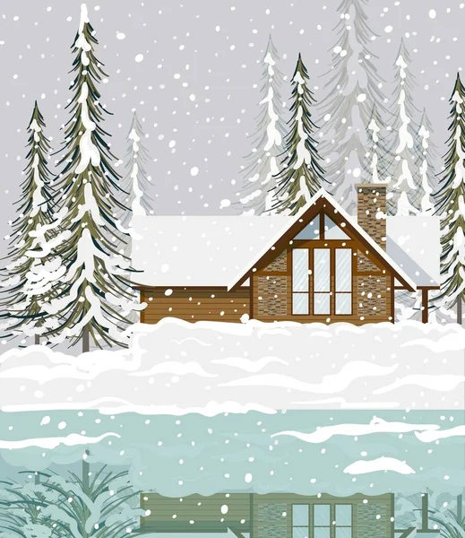 Vista de fondo de invierno de una casa en el bosque. Abeto cubierto de nieve Vector ilustración — Vector de stock