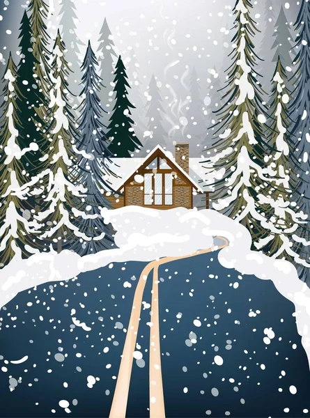 Casa de madeira Inverno nevado fundo abetos. Estrada no meio da floresta. Ilustrações vetoriais — Vetor de Stock