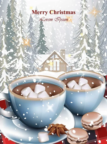 Copos de chocolate quente e marshmallows no fundo nevado. Inverno abetos floresta e neve Vector — Vetor de Stock