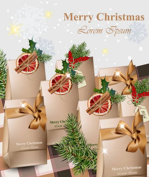 Χαρούμενα Χριστούγεννα χαρτί χειροποίητα δώρα με κόκκινα πορτοκάλια διάνυσμα — Διανυσματικό Αρχείο