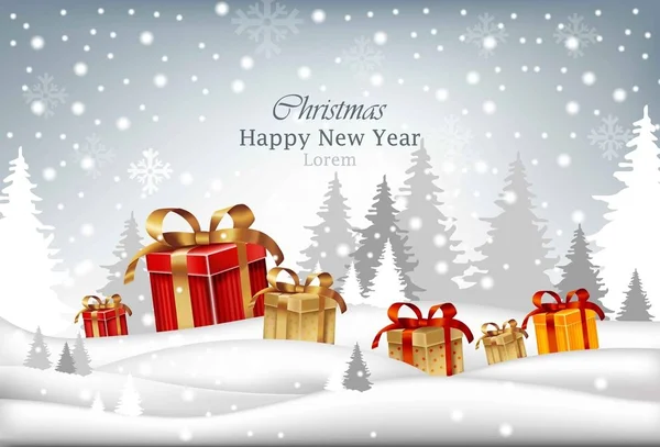 Tarjeta de vacaciones de invierno con regalos. Feliz Navidad y Feliz Año Nuevo Vector. Fondos nevados — Vector de stock