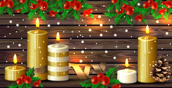 เทียนคริสต์มาสบนพื้นหลังไม้ เวกเตอร์ สุขสันต์วันหยุด — ภาพเวกเตอร์สต็อก
