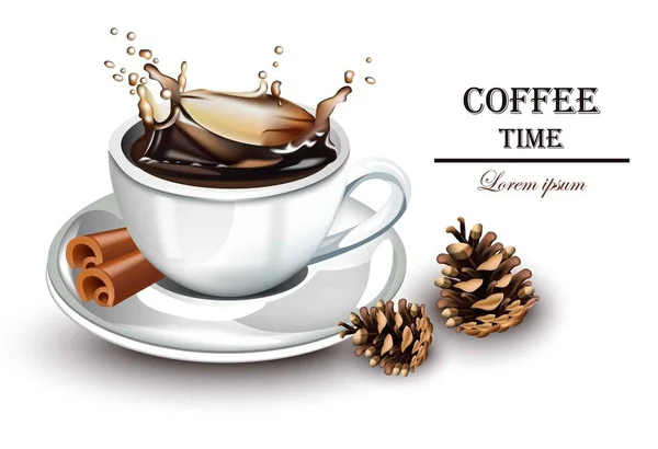 Koffie splash realistische Vector. Vers drink gedetailleerde illustraties — Stockvector