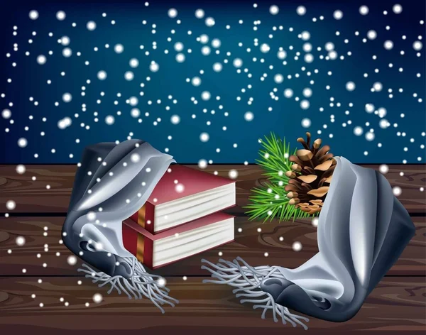 Fundo de inverno com livros de leitura Vetor ilustrações realistas — Vetor de Stock