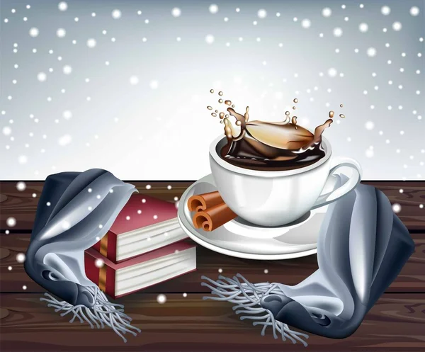 Café chaud éclaboussure fond d'hiver. Illustration vectorielle réaliste — Image vectorielle