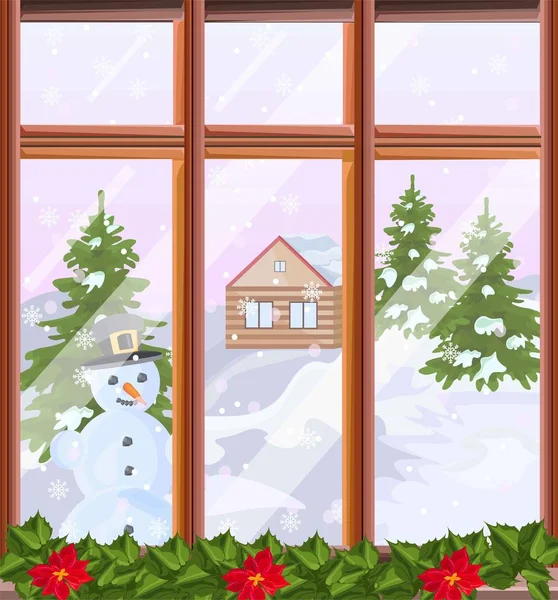 Vista finestra con sfondo invernale Vettore — Vettoriale Stock